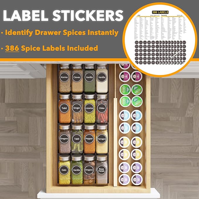 SpaceAid Spice Drawer Organizer with 16 Spice Jars, 386 Spice Labels, 4 Tier Seasoning Rack Tray Insert for Kitchen Drawers, 7.5" Wide x 17.5" Deep - Image 3