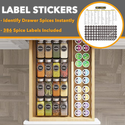 SpaceAid Spice Drawer Organizer with 16 Spice Jars, 386 Spice Labels, 4 Tier Seasoning Rack Tray Insert for Kitchen Drawers, 7.5" Wide x 17.5" Deep - Image 3