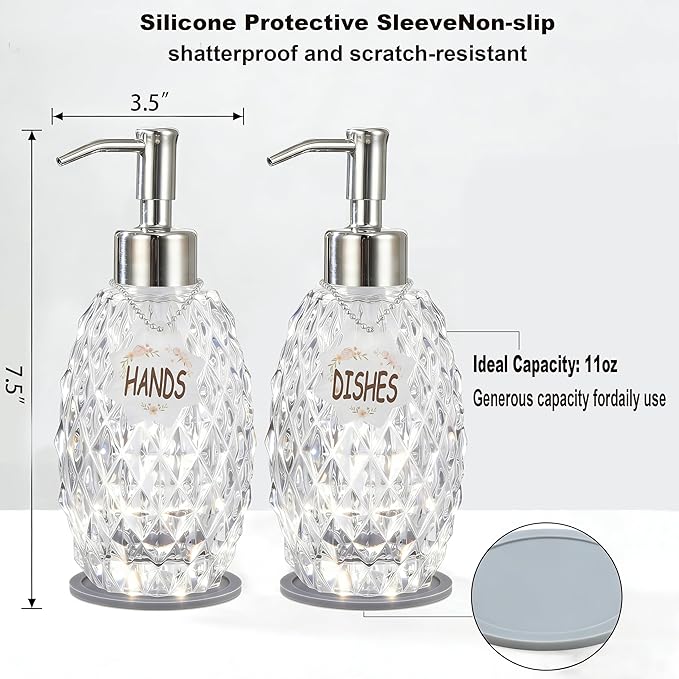 MALACHI Soap Dispenser Set, Crystal-Textured Diamond Glass with Rustproof Stainless Steel Pump, Dual-Labelled Hand & Dish Soap Dispenser for Kitchen & Bathroom