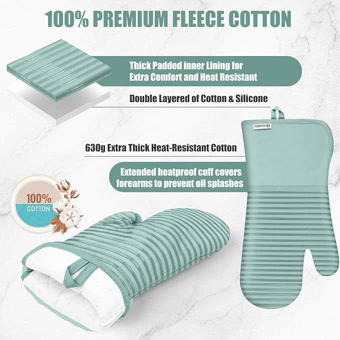 Oven Mitts and Pot Holder Sets with Silicone Grip, 500°F Heat Resistant-6 Pack Dishcloth/Dish Towels for Kitchen 100% Cotton-Value Kitchen Essentials for Cooking, Baking, Grilling-Mint Green - Image 3