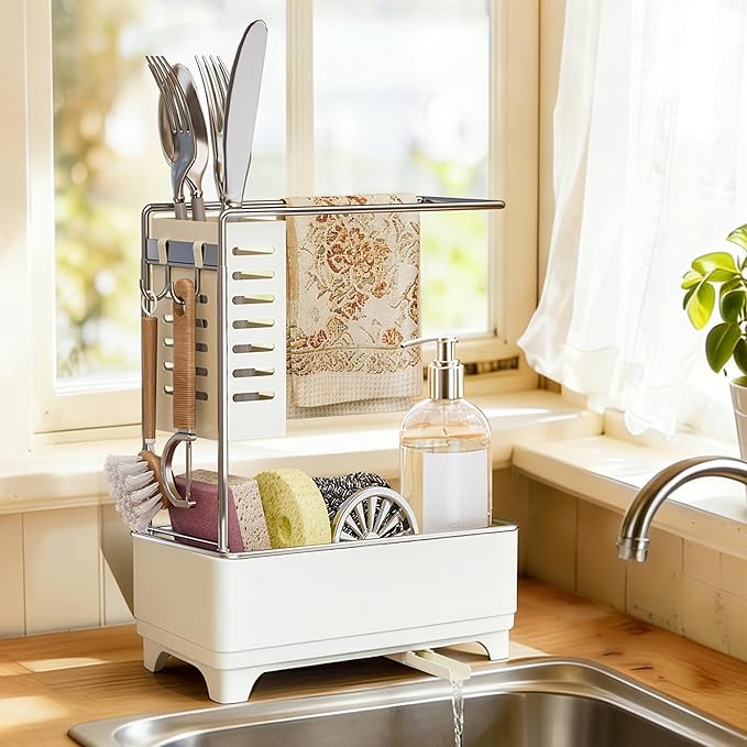 MOUKABAL Sponge Holder for Kitchen Sink, 2-Tier Sink Caddy Organizer with Drain Holes and Hooks, Holds Dishcloth, Sponge & Brushes, Kitchen Countertop Storage for New Home Essentials Off-white by MOUKABALGREATHELPER