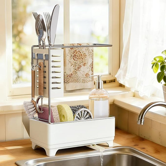 MOUKABAL Sponge Holder for Kitchen Sink, 2-Tier Sink Caddy Organizer with Drain Holes and Hooks, Holds Dishcloth, Sponge & Brushes, Kitchen Countertop Storage for New Home Essentials Off-white by MOUKABALGREATHELPER