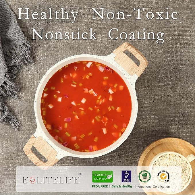ESLITE LIFE Nonstick Stock Pot with Lid, 3 Quart Granite Casserole Small Soup Pot Pasta Cooking Pot, Induction Compatible, PTFE & PFOA Free, White - Image 3