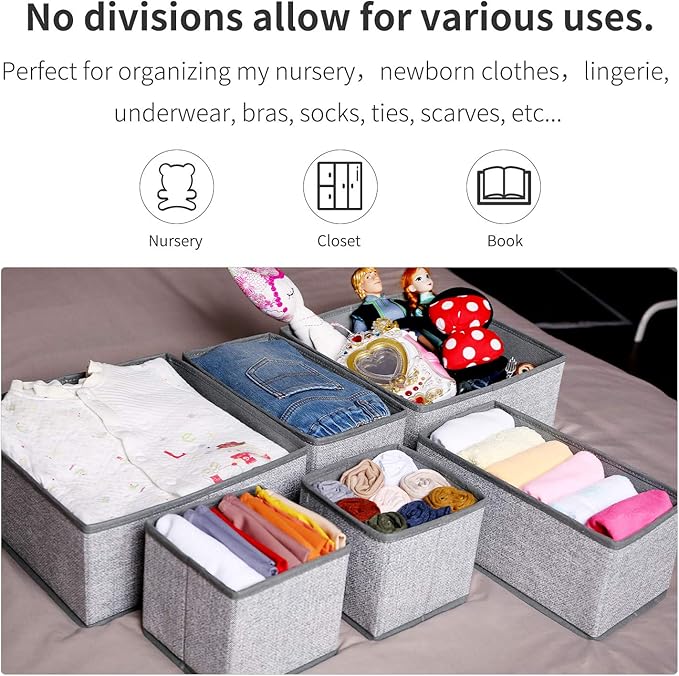 Criusia Foldable Underwear Drawer Organizer, Closet Dividers, Storage Box for Clothes, Socks (6 Bins, Gray) - Image 6