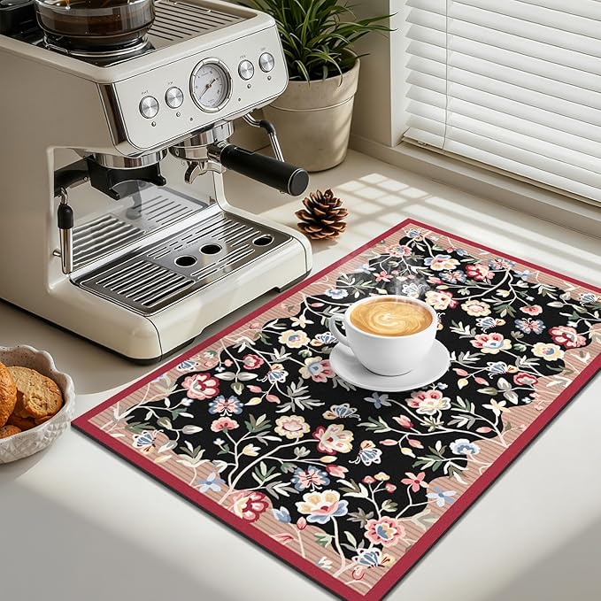 LOKHOM Floral Dish Drying Mat, 12"x20" Super Absorbent Non-slip Bordered Coffee Mat with Oil Painting Black Floral, Cuttable Hide Stain Drying Mat for Kitchen Counter Coffee Maker Espresso Machine - Image 4