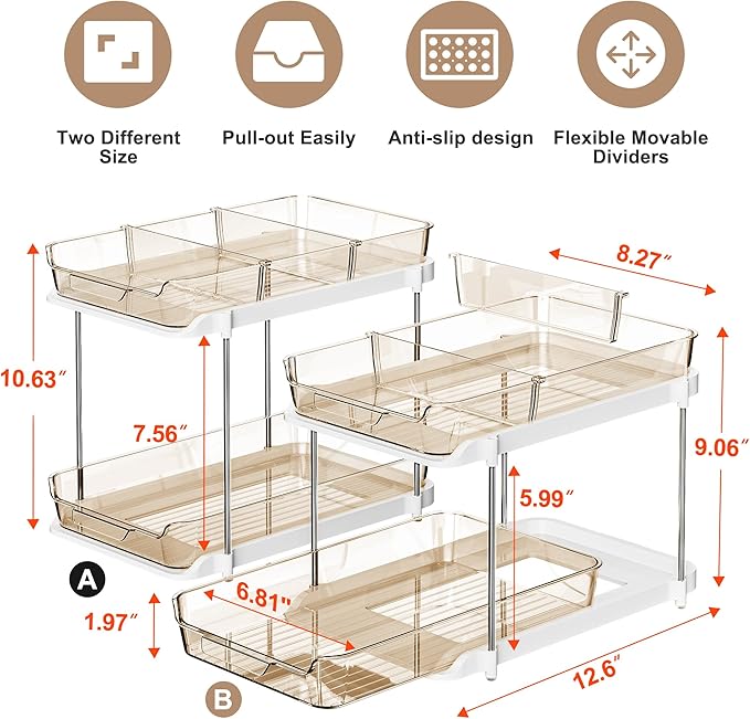Delamu 2-Tier Multi-Purpose Bathroom Under Sink Organizers and Storage, Stackable Kitchen Pantry Organization, Pull Out Medicine Cabinet Organizer with Movable Dividers, Amber, 2 Pack - Image 2