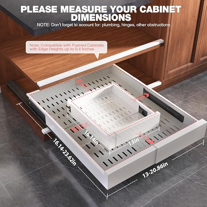 Seinloes 4 Pack Pull Out Cabinet Organizer Expandable Width(13"-21") and Depth(17"-24"),Slide Out Drawers With Raising Pad for Framed Cabinets,No Drill Roll Out Shelves for kitchen,Bathroom,White - Image 5