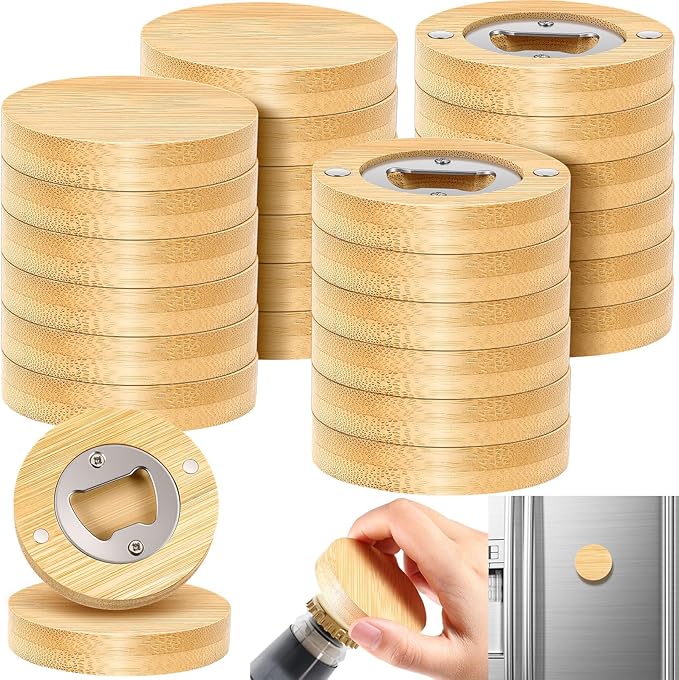 Vesici 24 Pcs Magnetic Bottle Opener 2.5in DIY Wood Round Shape Beer Openers Wooden Fridge Magnet Refrigerator Sticker Gift for Beer Lover Wedding Guest Kitchens Bars Parties by Vesici