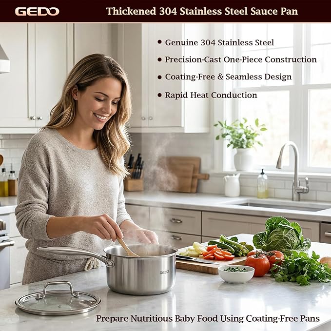 GEDO 3-Ply 304 Stainless Steel Saucepan with Lid, One-Piece Rivet-Free & Seamless Design, Angled Spout & Heat-Resistant Handle, Universal Stovetop Compatible for Indoor Cooking (7 In / 18cm Size) - Image 2