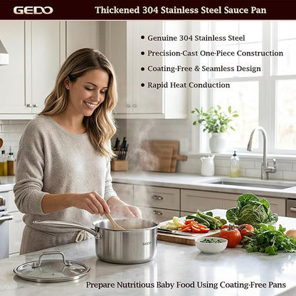 GEDO 3-Ply 304 Stainless Steel Saucepan with Lid, One-Piece Rivet-Free & Seamless Design, Angled Spout & Heat-Resistant Handle, Universal Stovetop Compatible for Indoor Cooking (6.3in / 16cm Size) - Image 2