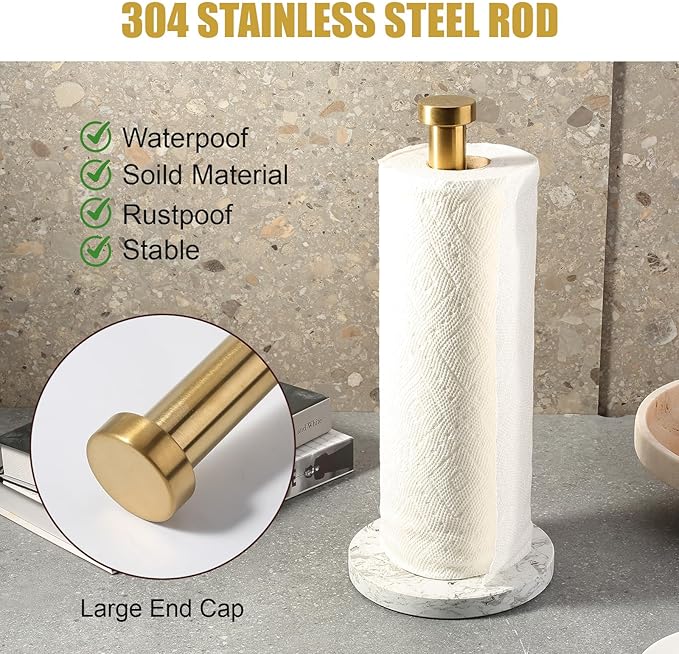 Koville Paper Towel Holder Countertop, Marble and Brass Standing Paper Roll Holder, Heavy Stone Paper Towel Holder with 6" Weighted Marble Base for Kitchen Bathroom(Arabescato Argento)
