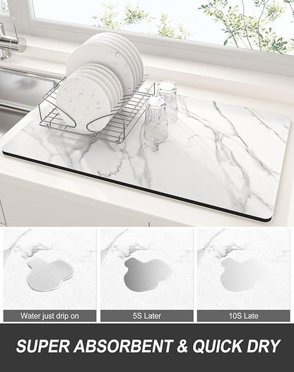 Rnivvi Dish Drying Mat for Kitchen Counter, XL 15 x 24" Cute Marble Super Absorbent Draining Pad, Non-Slip Heat Resistant Coffee Bar Mats for Coffee Machine Station Accessories, White Dish Rack Pad - Image 3