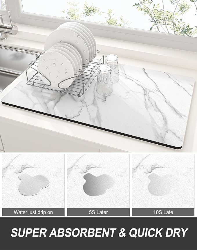 Rnivvi Dish Drying Mat for Kitchen Counter, 12 x 19" Cute Marble Super Absorbent Draining Pad, Non-Slip Heat Resistant Coffee Bar Mats for Coffee Machine Station Accessories, White Dish Rack Pad - Image 3