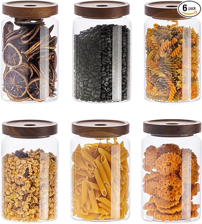 Kanwone Glass Storage Containers Set of 6, 28 Ounce Airtight Food Storage Containers with Bamboo lids, Clear Glass Jars for Pantry, kitchen, Flour, Sugar, Tea, Coffee, Snack, Cookies, Spice and Herbs by Kanwone