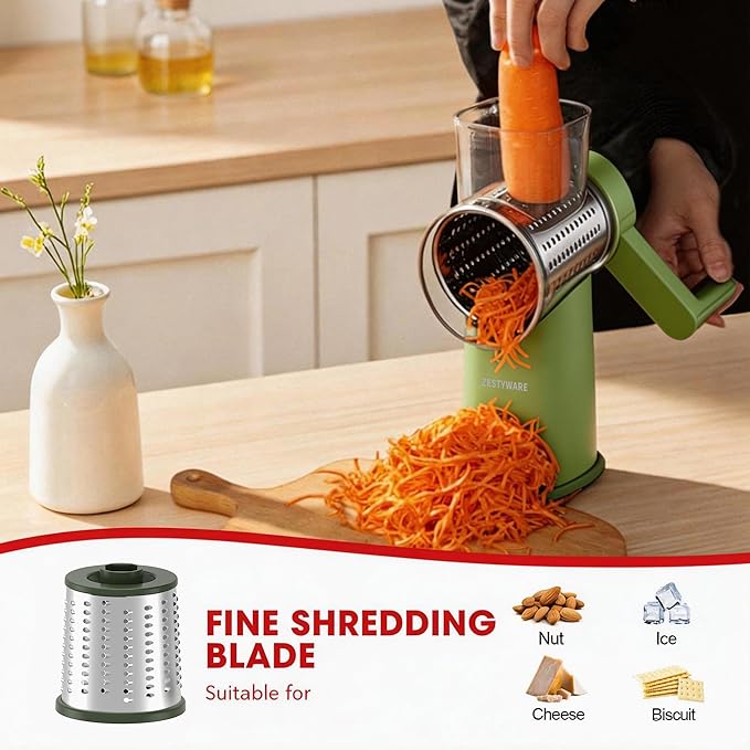 Rotary Cheese Grater Hand Crank with Foldable Handle, 3 Stainless Steel Blades, Perfect Graters for Kitchen, Manual Cheese Shredder Hand Crank with Suction Base, Rotary Grader, Green (Green)