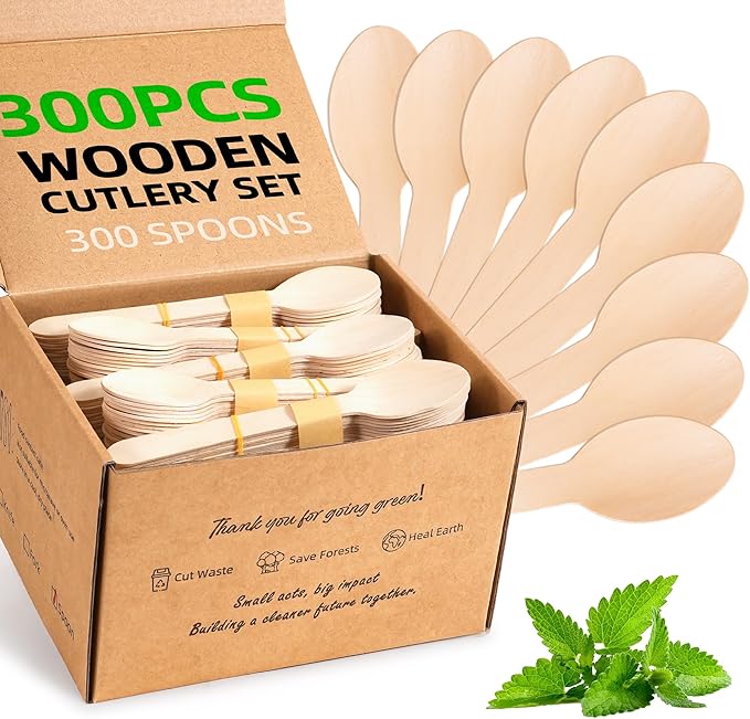 Disposable Wooden Utensils Set, Compostable Utensils, Disposable Cutlery Eco-Friendly Silverware Set for Parties, Catering, Office Lunches-300 PCS 6.2" Spoons