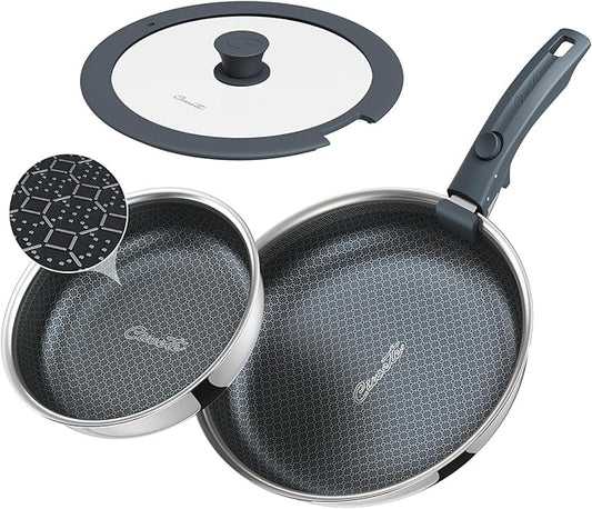 Ciwete Hybrid Non Stick Frying Pans Set 4-Piece, 8 & 9.5 Inch Tri-Ply Stainless Steel Pans with Lid and Detachable Handle, PFOA Free Skillets for All Cooktops, Dishwasher & Oven-Safe Cookware Set