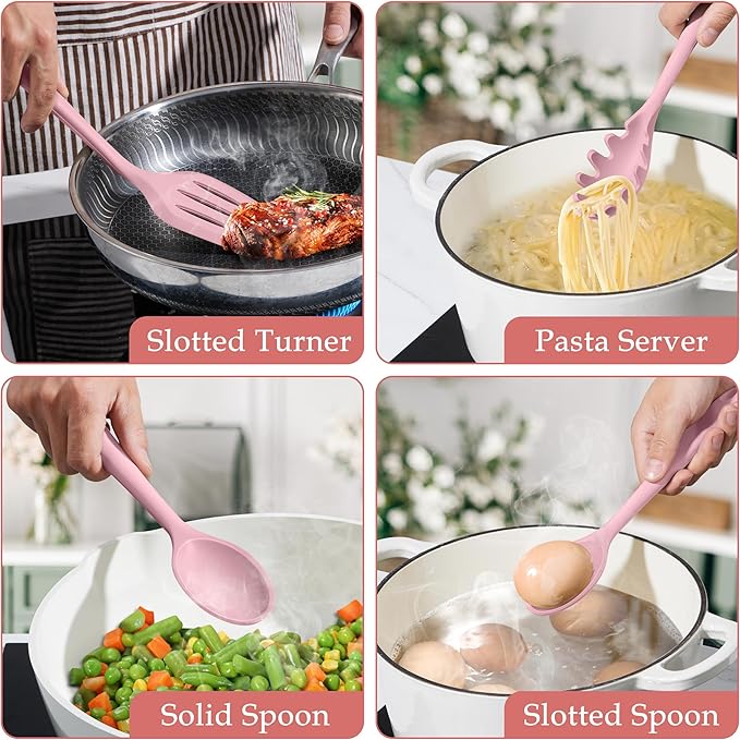 LIANYU Kitchen Silicone Utensils Set, 8Pcs Cooking Utensils Spatula Set for Nonstick Cookware, Heat Resistant Kitchen Gadgets Include Silicone Spoon, Turner, Spatula, Ladle, Dishwasher Safe, Pink - Image 5