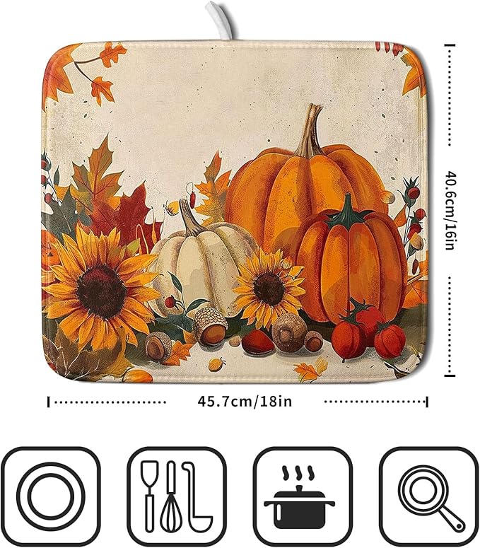 Happy Thanksgiving Day Harvest Dish Drying Mat for Kitchen Counter,Sunflower Maple Leaves Pumpkin Drying Mat 16 x 18 Inch with Absorbent Reversible Microfiber Dish Drying Pad for Coffee Bar - Image 2