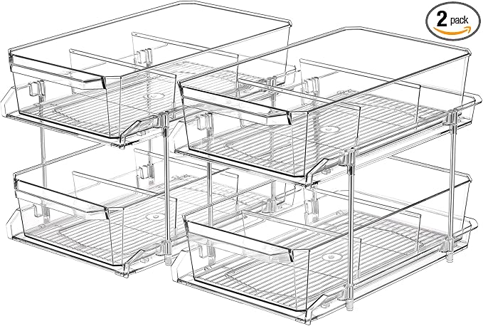 2 Set, 2 Tier Clear Organizer with Dividers for Cabinet, Shlef, Counter - MultiUse Slide-Out Storage Container - Kitchen, Pantry, Medicine Cupboard Bins, Bathroom, Vanity Makeup, Under Sink Organizing by MakeLifeBetterEasier