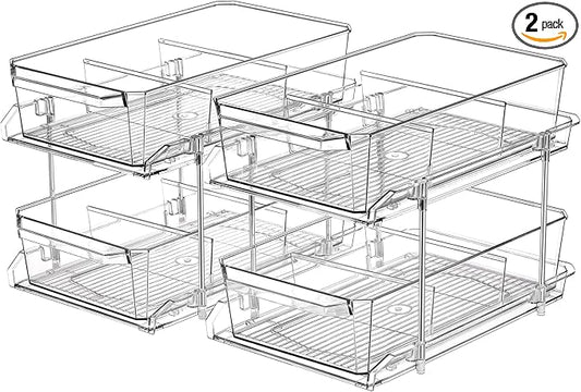 2 Set, 2 Tier Clear Organizer with Dividers for Cabinet, Shlef, Counter - MultiUse Slide-Out Storage Container - Kitchen, Pantry, Medicine Cupboard Bins, Bathroom, Vanity Makeup, Under Sink Organizing by MakeLifeBetterEasier