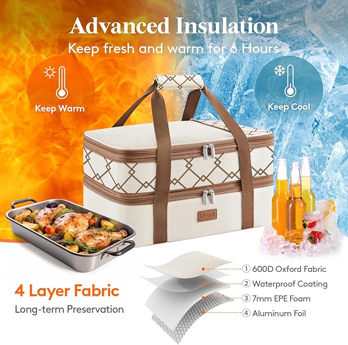 Lifewit Insulated Double Decker Casserole Carrier, Expandable Lasagna Lugger Tote Bag for Hot or Cold Food, Fits 9" x 13" Baking Dish for Potluck Parties, Picnic and Cookouts, Cream-Geometric