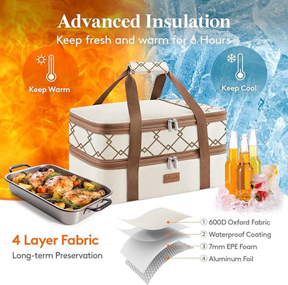 Lifewit Insulated Double Decker Casserole Carrier, Expandable Lasagna Lugger Tote Bag for Hot or Cold Food, Fits 9" x 13" Baking Dish for Potluck Parties, Picnic and Cookouts, Cream-Geometric