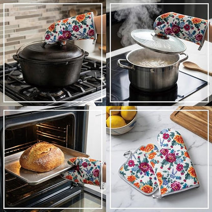 Floral Oven Mitts and Pot Holders Sets 2 Pcs, Canvas Heat Resistant Kitchen Mittens with Hot Pads, Vintage Farmhouse Country Decor, Non-Slip Cooking Baking Grilling Gifts for Women Mom (Flower4)