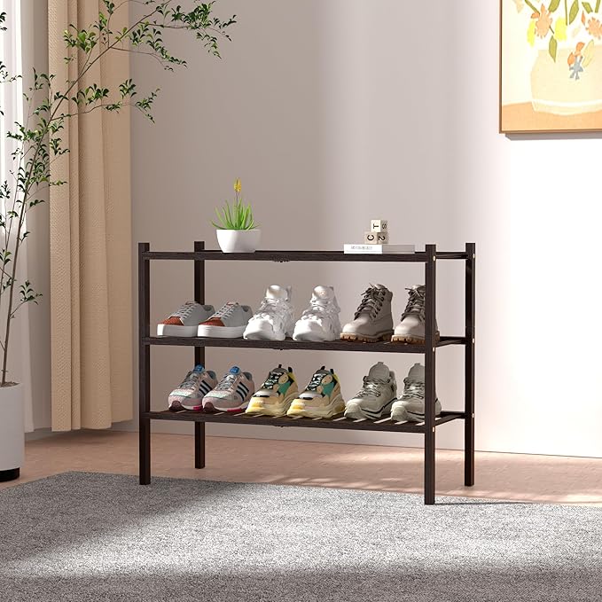 ROMGUAR CRAFT 3 Tier Bamboo Shoe Rack for Closet Free Standing Wood Shoe Shelf for Entryway Small Space Stackable 27"x11"x20" (Brown) - Image 2