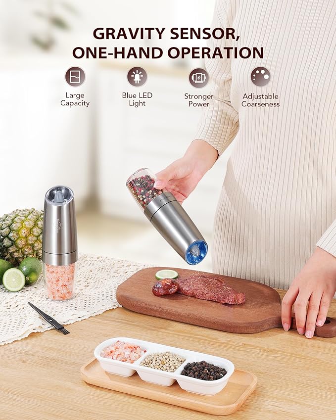 Sangcon Gravity Electric Pepper and Salt Grinder Mill Set Automatic Shakers Grinder with LED Light, Battery Powered Adjustable Coarseness One Hand Operation, Random X or XL Capacity - Image 2