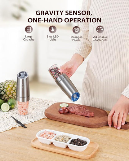 Sangcon Gravity Electric Pepper and Salt Grinder Mill Set Automatic Shakers Grinder with LED Light, Battery Powered Adjustable Coarseness One Hand Operation, Random X or XL Capacity - Image 2