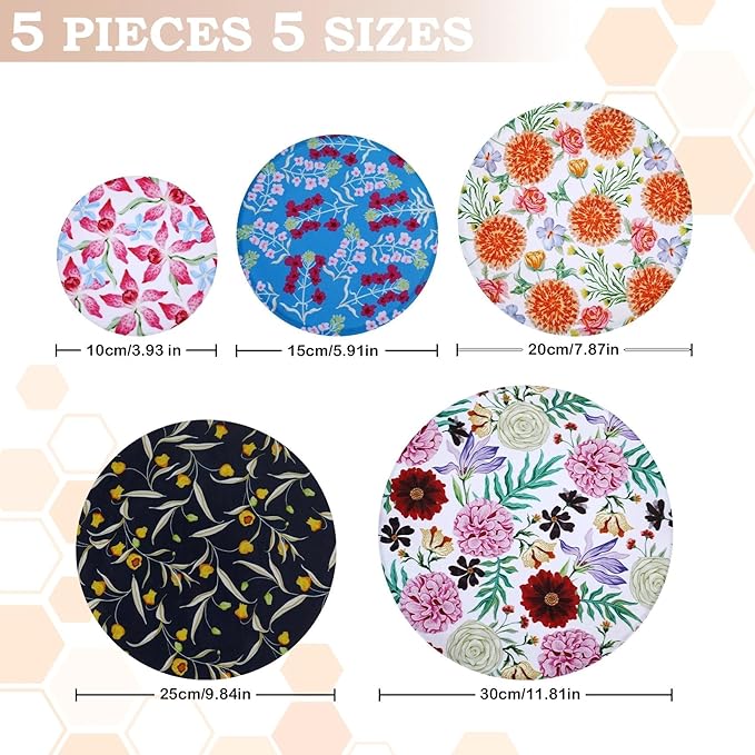 5-Size Reusable Beeswax Bowl Covers for Bread Proofing, Cotton Cloth Flexible Beeswax Wraps for Food Storage(Colorful Floral) - Image 2