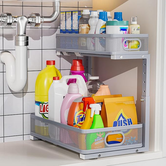 Under Sink Organizer, High Adjustable 2 Tier Under Sink Organizers and Storage, Slide out Metal Cabinet Organizers, Pull out Storage Drawer Shelf for Kitchen Bathroom Cabinet (1, Gray)
