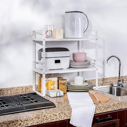 Across-Star Expandable Cabinet Shelf Organizer Rack, Stackable Kitchen Counter Storage Shelves Stand, Adjustable Height Pantry Shelf Spice Rack (White, 2 Pack) - Image 2