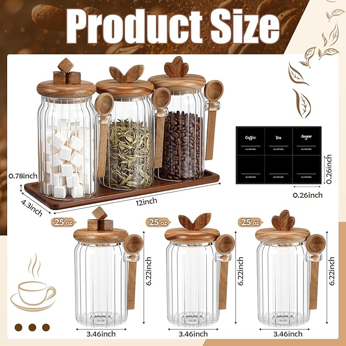 Suclain 3 Pcs Glass Coffee Container with Acacia Wood Lid & Spoon, 25 oz Airtight Glass Jar with Wooden Shelf, Food Storage Containers Coffee Jar Tea Container(Acacia Color) - Image 2