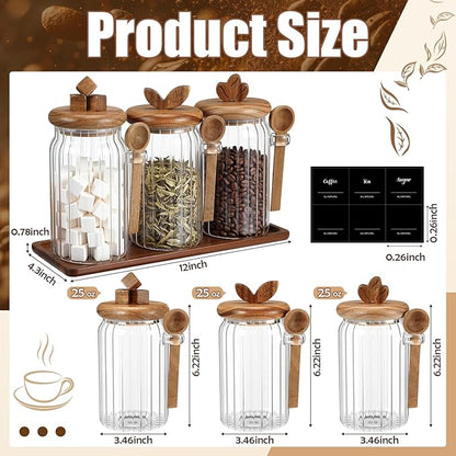 Suclain 3 Pcs Glass Coffee Container with Acacia Wood Lid & Spoon, 25 oz Airtight Glass Jar with Wooden Shelf, Food Storage Containers Coffee Jar Tea Container(Acacia Color) - Image 2