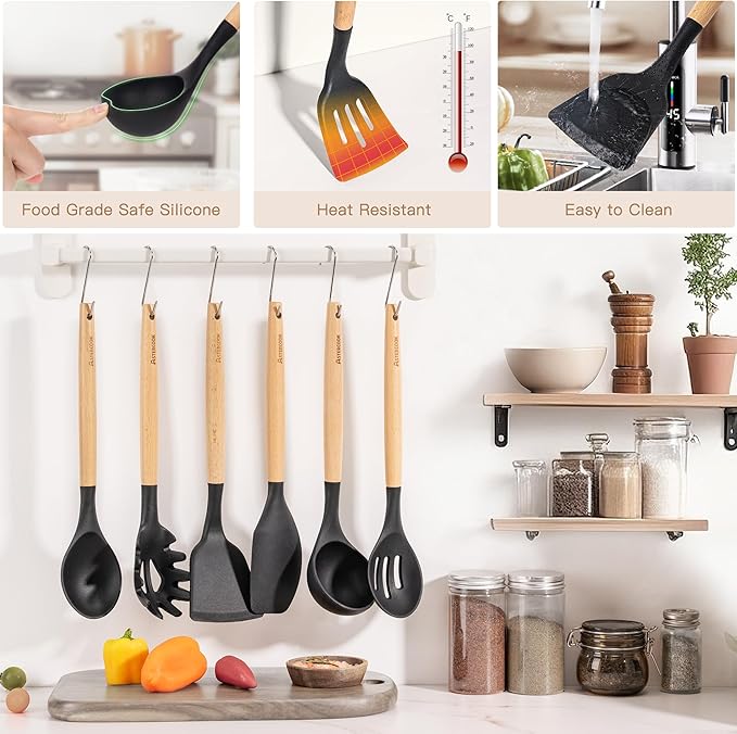 Astercook 39 PCS Kitchen Utensils Set, Silicone Cooking Utensil Sets with Wooden Handle, 446°F Heat Resistant Food Grade Spatula Set, BPA Free Kitchen Gadgets Tools Set for Mothers Day Gifts - Image 7