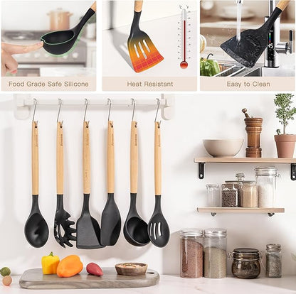Astercook 39 PCS Kitchen Utensils Set, Silicone Cooking Utensil Sets with Wooden Handle, 446°F Heat Resistant Food Grade Spatula Set, BPA Free Kitchen Gadgets Tools Set for Mothers Day Gifts - Image 7