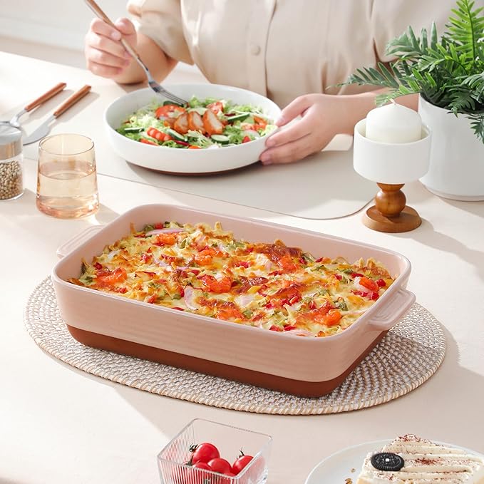 MALACASA 4.8 Qt Ceramic Oven Dish with Handles, 9 x 13 Inch Baking Dish Casserole Dishes, Deep Rectangular Lasagne Dishes Bakeware for Roasting (Khaki & Pink), Series TARA - Image 9