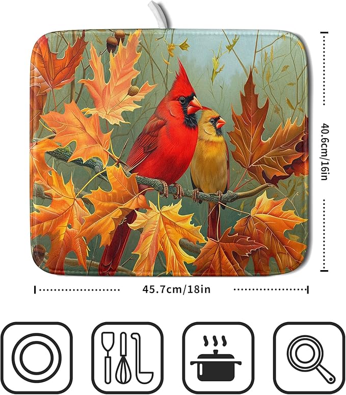 Giwawa Fall Birds Dish Drying Mat 16x18 Inch Autumn Maple Leaf Tree Dish Drainer Mats Thanksgiving Decorative Microfiber Reversible Dish Drying Rack Pad Small for Kitchen Countertop Tabletop