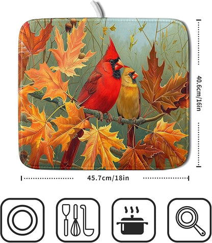 Giwawa Fall Birds Dish Drying Mat 16x18 Inch Autumn Maple Leaf Tree Dish Drainer Mats Thanksgiving Decorative Microfiber Reversible Dish Drying Rack Pad Small for Kitchen Countertop Tabletop