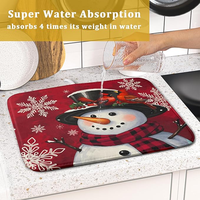 Christmas Snowman Dish Drying Mat for Kitchen Counter 16x18 Xmas Snowflake Winter Holiday Dark Red Absorbent Reversible Microfiber Drying Mats Kitchen Countertop Protector Dishes Drainer Rack Pad - Image 7
