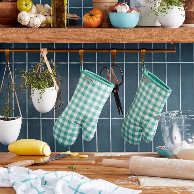KitchenAid Gingham Oven Mitt 2-Pack Set, Aqua Sky, 7"x13" - Image 2