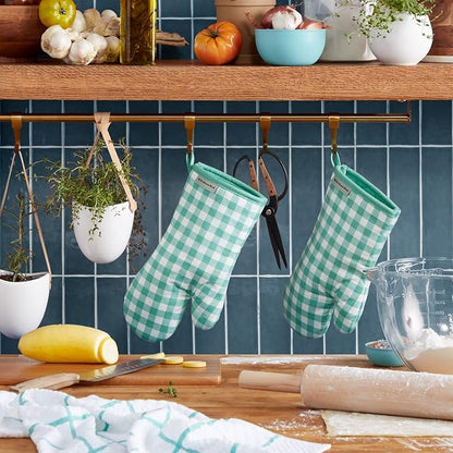 KitchenAid Gingham Oven Mitt 2-Pack Set, Aqua Sky, 7"x13" - Image 2
