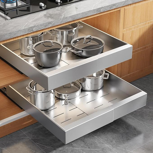 Seinloes 2Pack Expandable Pull Out Cabinet Organizer 21"Deep With Raising Pad for Framed Cabinets, Upgrade 3 Slide Rails Slide Out Drawers,Roll Out Shelves Adhesive,Adjustable Width 12.05"-20.4"Silver by Seinloes