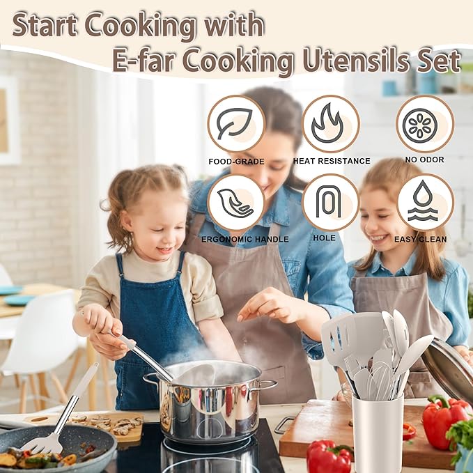 E-far Silicone Cooking Utensils Set, 14-Piece Khaki Kitchen Utensils Set with Holder, Kitchen Tools Spatulas with Stainless Steel Handle for Non-stick Cookware, Heat Resistant & Dishwasher safe - Image 7