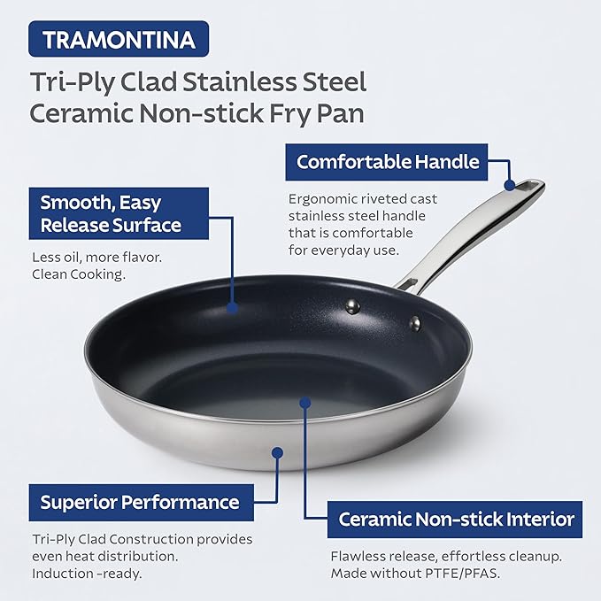 Tramontina Signature 8-Inch Tri-Ply Clad Stainless Steel Small Frying Pan with Ceramic Non Stick Interior, Induction-Ready Nonstick Skillet, Oven-Safe, Made in Brazil - Image 3