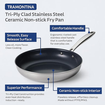 Tramontina Signature 8-Inch Tri-Ply Clad Stainless Steel Small Frying Pan with Ceramic Non Stick Interior, Induction-Ready Nonstick Skillet, Oven-Safe, Made in Brazil - Image 3