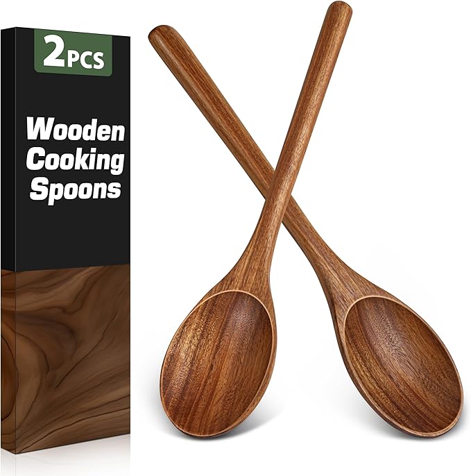 2PCS Wooden Spoons for Cooking, Natural Acacia Wood Cooking Spoons, Large Serving Spoons for Nonstick Cookware, Heat Resistant Durable Wooden Kitchen Utensils for Mixing Salad, Serving and Stirring by Unknown