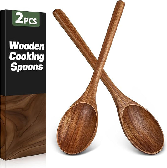 2PCS Wooden Spoons for Cooking, Natural Acacia Wood Cooking Spoons, Large Serving Spoons for Nonstick Cookware, Heat Resistant Durable Wooden Kitchen Utensils for Mixing Salad, Serving and Stirring by Unknown
